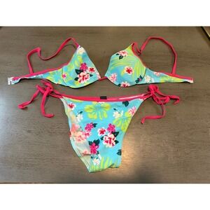 Onshore Tropical Hibiscus Floral Bikini Set Blue Pink Underwire Top Medium 1118